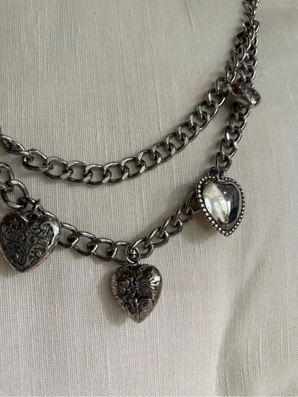 Haute Hippie double strand silver heart charm chain belt Y2K inspired
